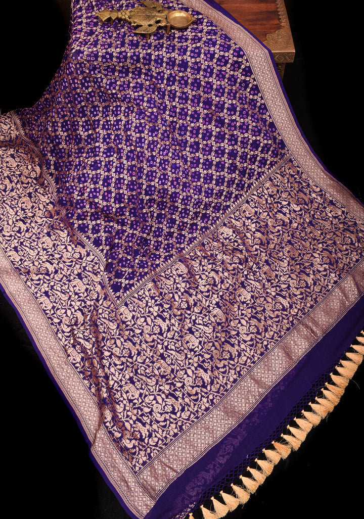 Purple Authentic Hand Bandhej on Shikaargah Skirt Border Banarasi Silk Georgette Saree | SILK MARKED CERTIFIED