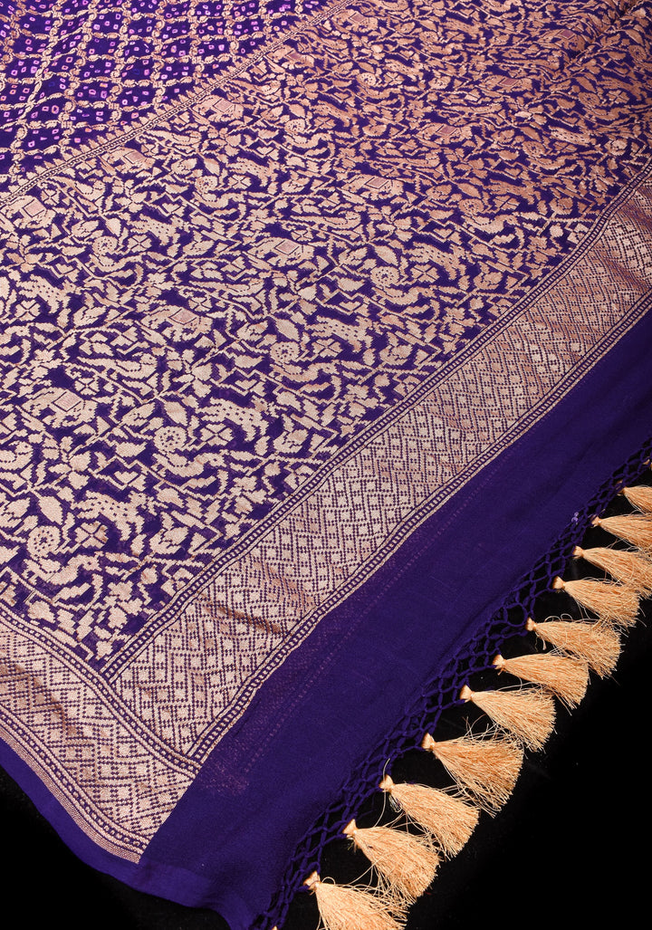 Purple Authentic Hand Bandhej on Shikaargah Skirt Border Banarasi Silk Georgette Saree | SILK MARKED CERTIFIED