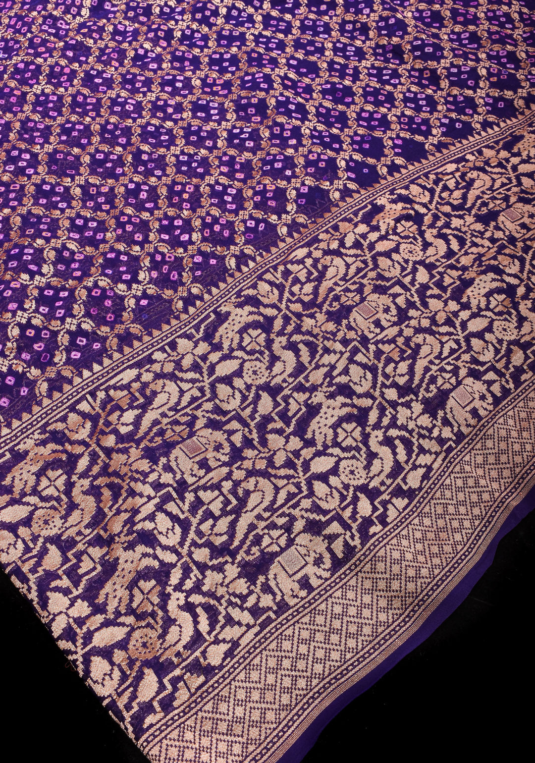 Purple Authentic Hand Bandhej on Shikaargah Skirt Border Banarasi Silk Georgette Saree | SILK MARKED CERTIFIED