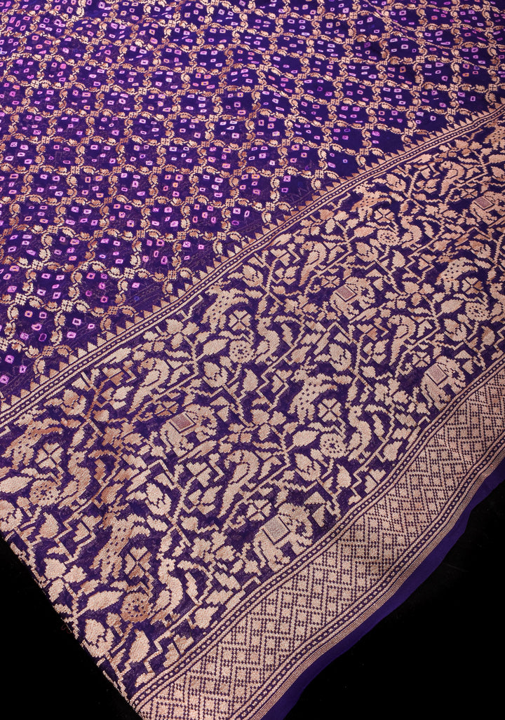 Purple Authentic Hand Bandhej on Shikaargah Skirt Border Banarasi Silk Georgette Saree | SILK MARKED CERTIFIED