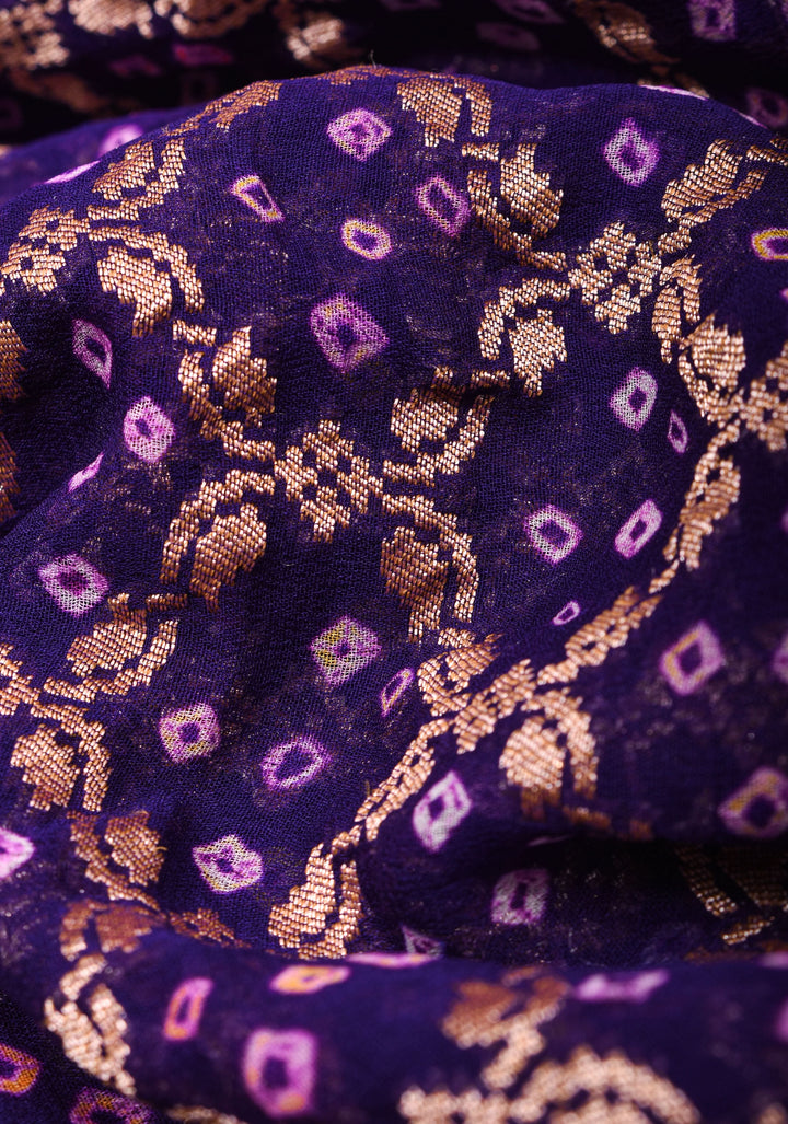 Purple Authentic Hand Bandhej on Shikaargah Skirt Border Banarasi Silk Georgette Saree | SILK MARKED CERTIFIED