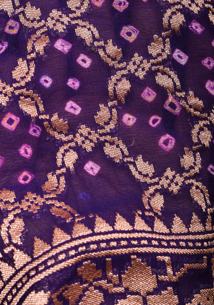 Purple Authentic Hand Bandhej on Shikaargah Skirt Border Banarasi Silk Georgette Saree | SILK MARKED CERTIFIED