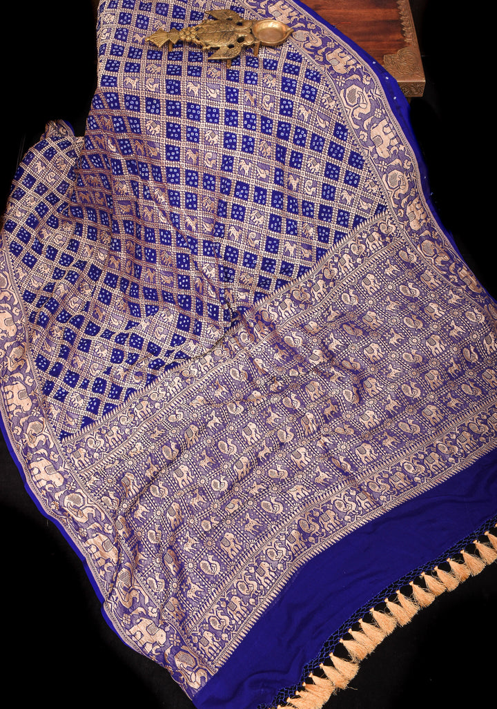 Blue Authentic Hand Bandhej Georgette Banarasi Saree with Shikargah design | SILK MARK CERTIFIED