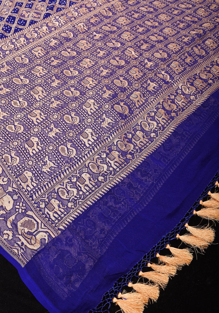 Blue Authentic Hand Bandhej Georgette Banarasi Saree with Shikargah design | SILK MARK CERTIFIED