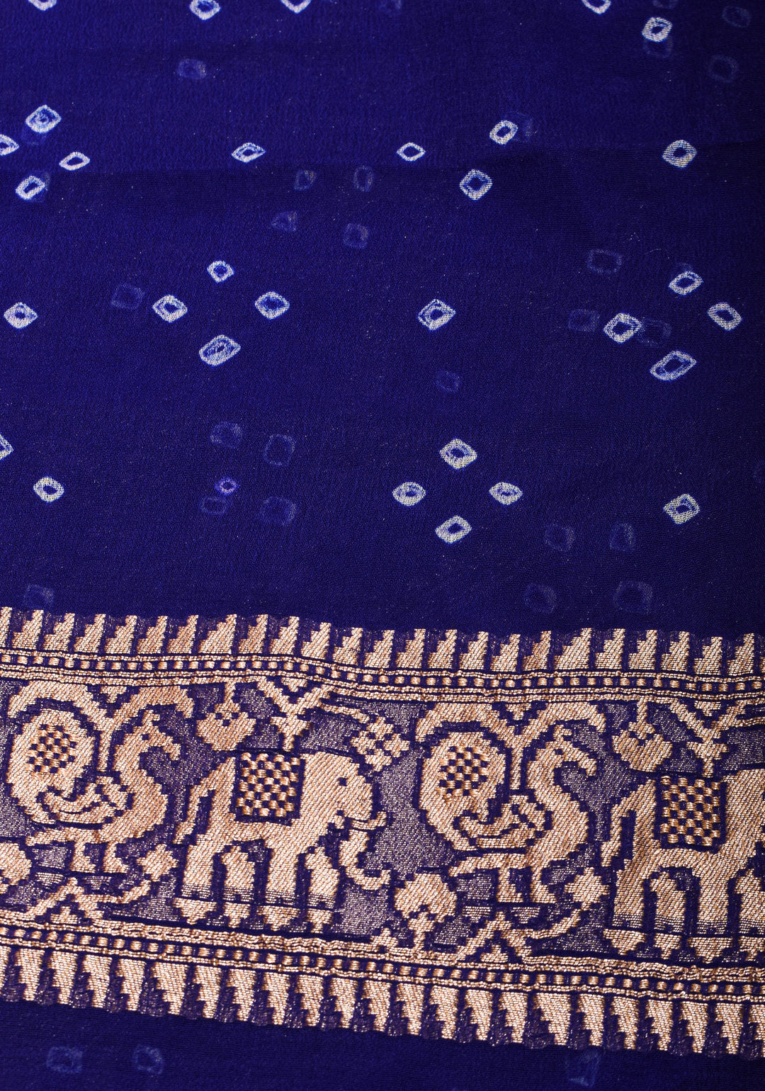 Blue Authentic Hand Bandhej Georgette Banarasi Saree with Shikargah design | SILK MARK CERTIFIED