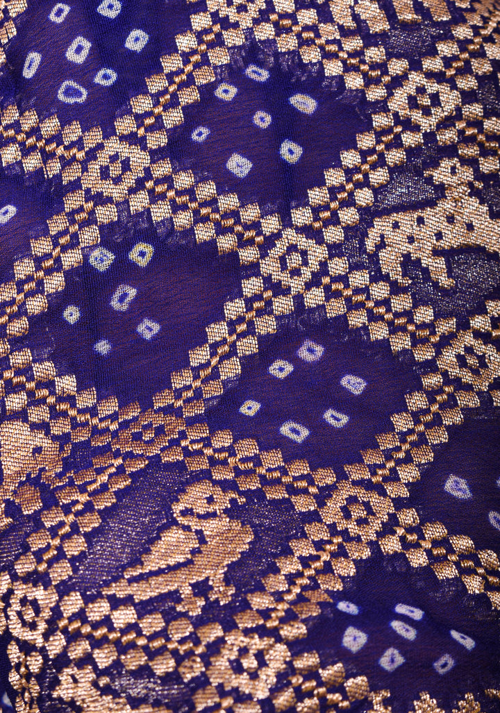 Blue Authentic Hand Bandhej Georgette Banarasi Saree with Shikargah design | SILK MARK CERTIFIED