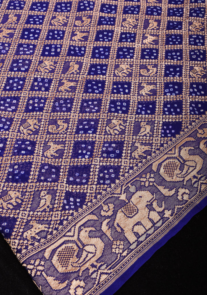 Blue Authentic Hand Bandhej Georgette Banarasi Saree with Shikargah design | SILK MARK CERTIFIED