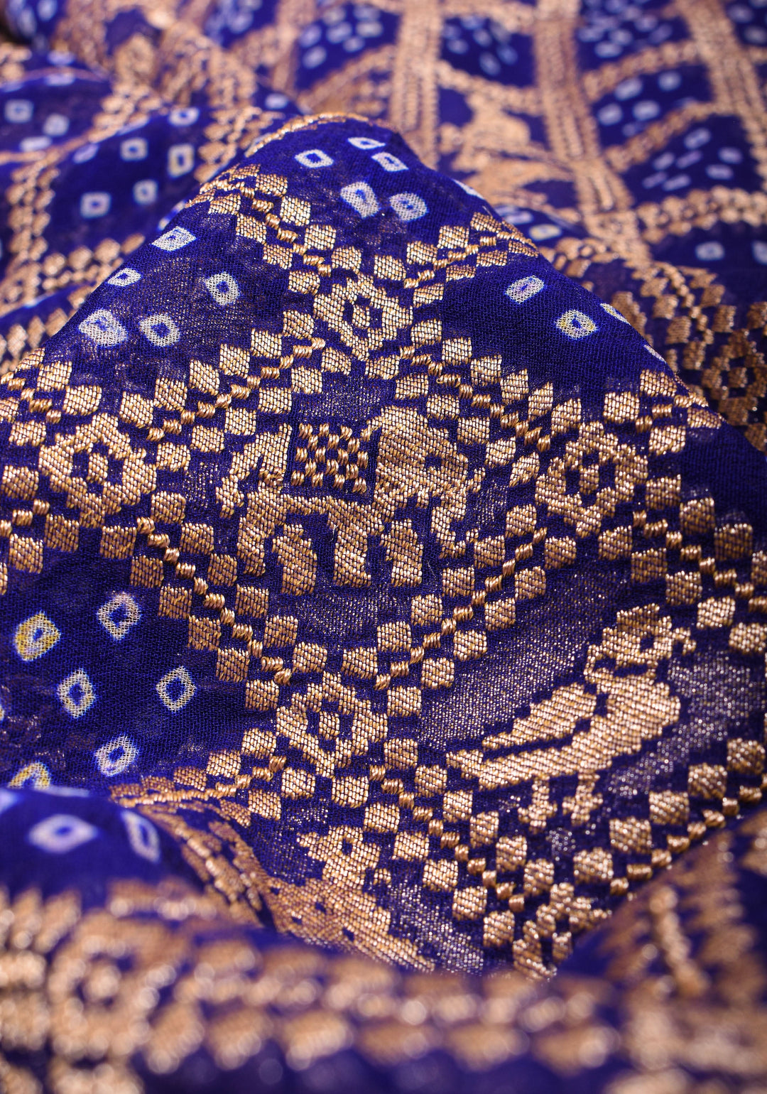Blue Authentic Hand Bandhej Georgette Banarasi Saree with Shikargah design | SILK MARK CERTIFIED