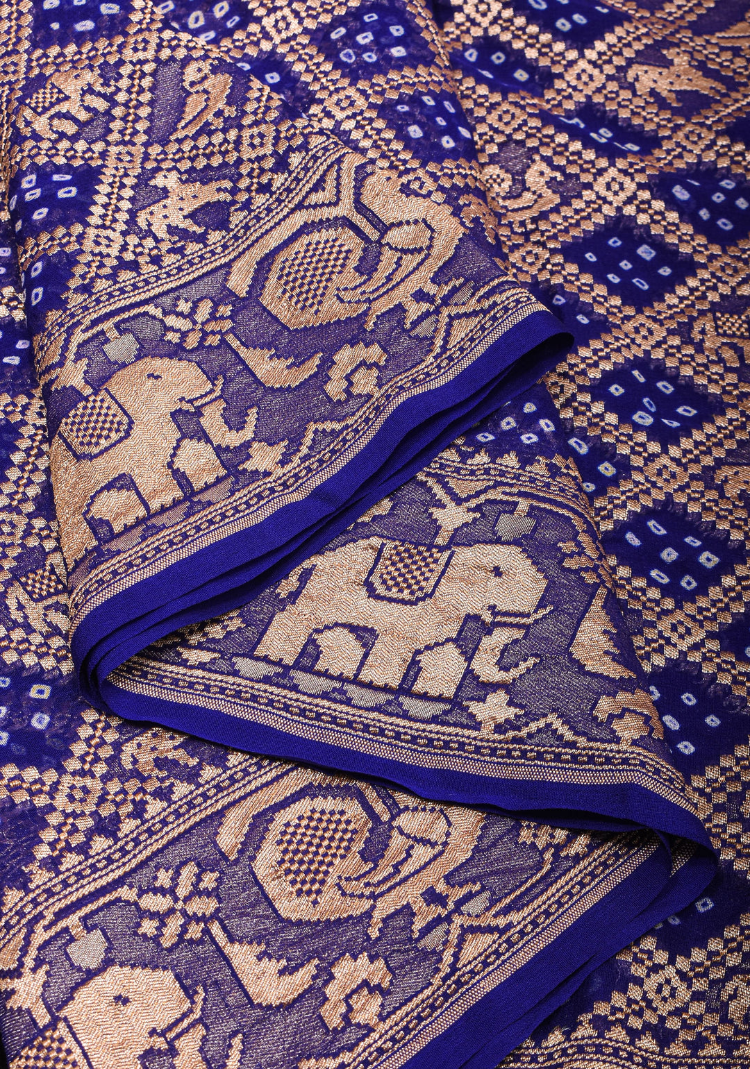 Blue Authentic Hand Bandhej Georgette Banarasi Saree with Shikargah design | SILK MARK CERTIFIED