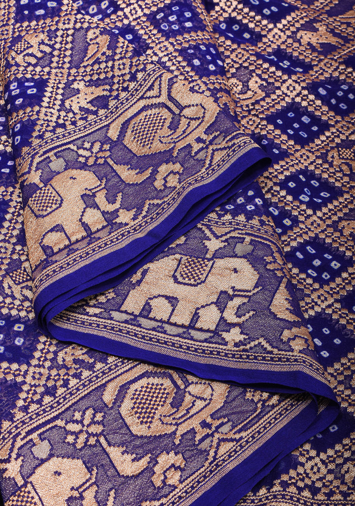 Blue Authentic Hand Bandhej Georgette Banarasi Saree with Shikargah design | SILK MARK CERTIFIED