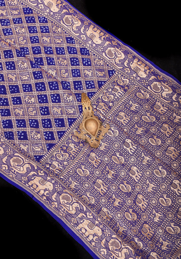 Blue Authentic Hand Bandhej Georgette Banarasi Saree with Shikargah design | SILK MARK CERTIFIED