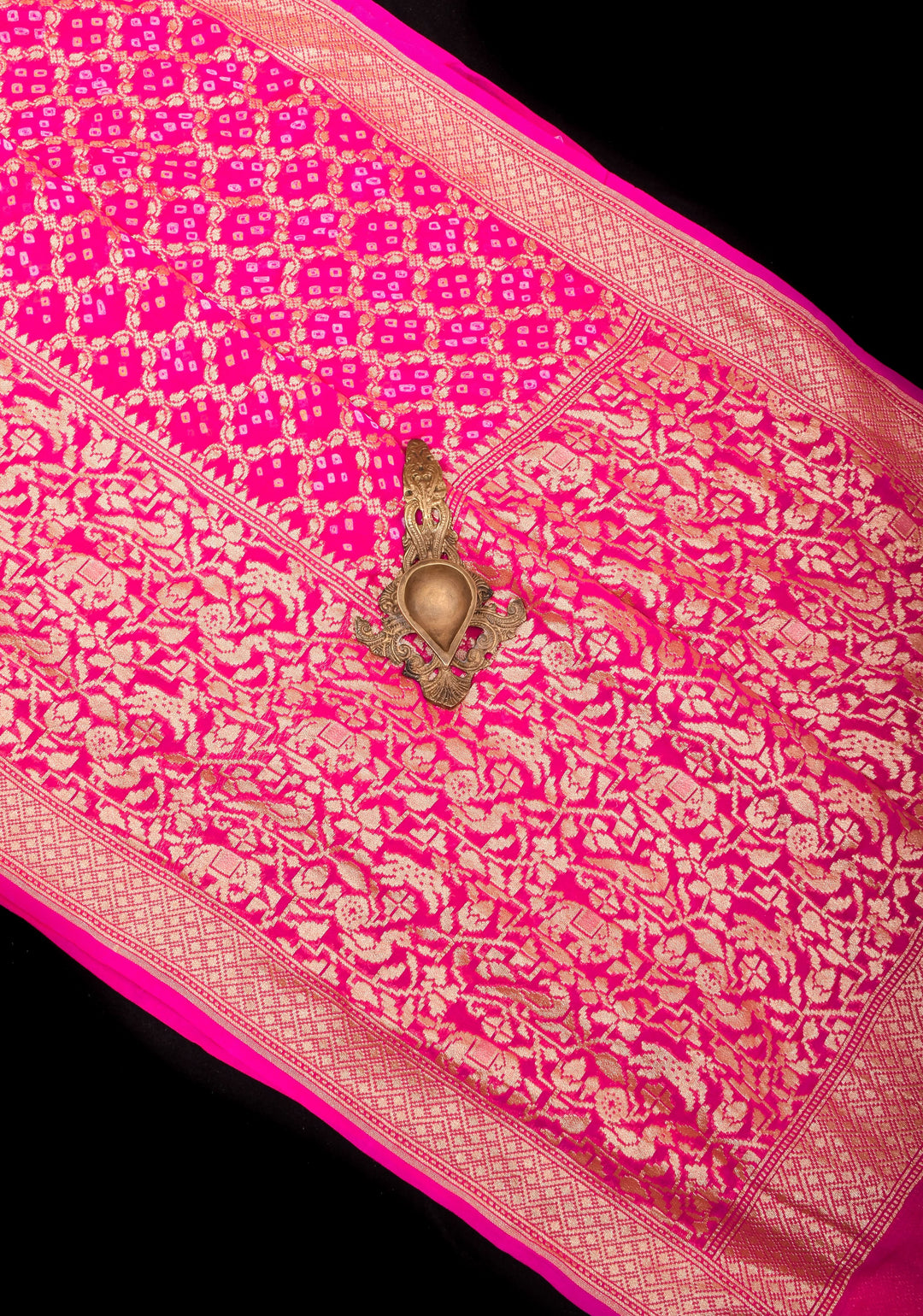 Pink Banarasi Silk Georgette Saree with Authentic Hand Bandhej on Shikaargah skirt border and Jaal Pattern | SILK MARKED CERTIFIED