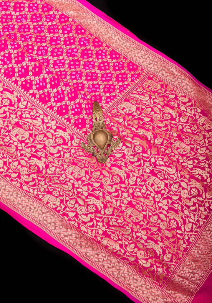 Pink Banarasi Silk Georgette Saree with Authentic Hand Bandhej on Shikaargah skirt border and Jaal Pattern | SILK MARKED CERTIFIED