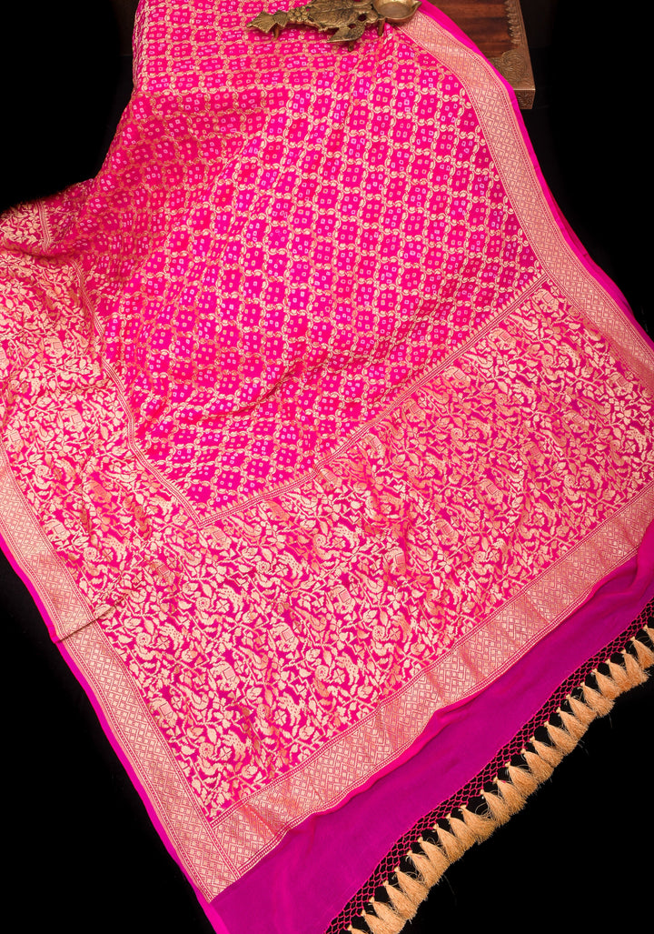 Pink Banarasi Silk Georgette Saree with Authentic Hand Bandhej on Shikaargah skirt border and Jaal Pattern | SILK MARKED CERTIFIED
