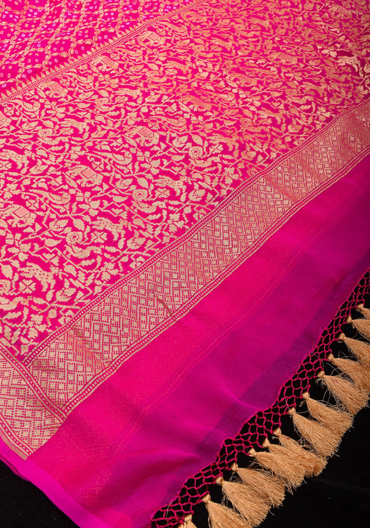 Pink Banarasi Silk Georgette Saree with Authentic Hand Bandhej on Shikaargah skirt border and Jaal Pattern | SILK MARKED CERTIFIED