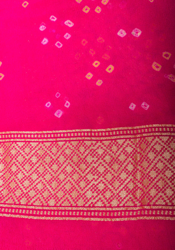 Pink Banarasi Silk Georgette Saree with Authentic Hand Bandhej on Shikaargah skirt border and Jaal Pattern | SILK MARKED CERTIFIED