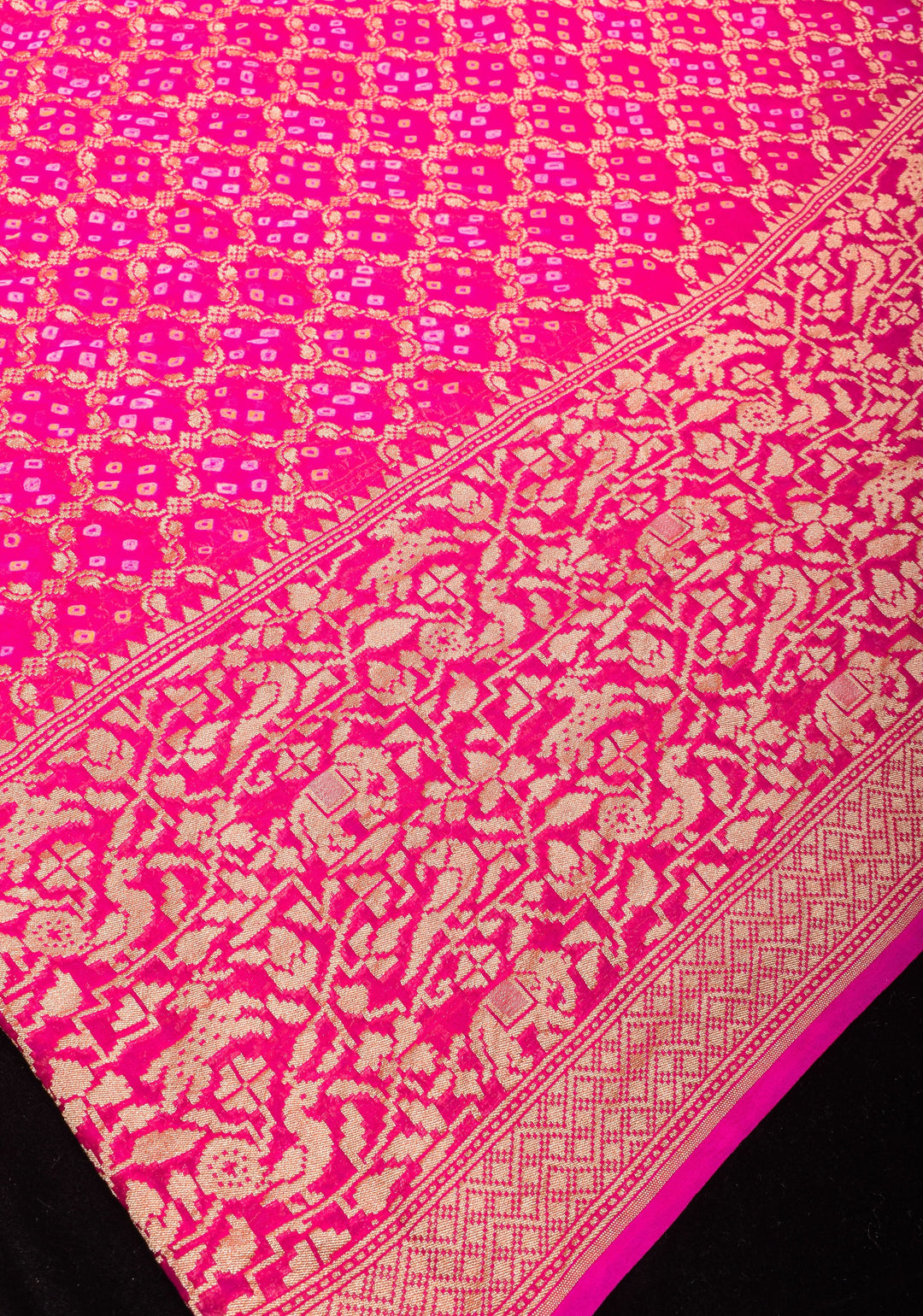 Pink Banarasi Silk Georgette Saree with Authentic Hand Bandhej on Shikaargah skirt border and Jaal Pattern | SILK MARKED CERTIFIED