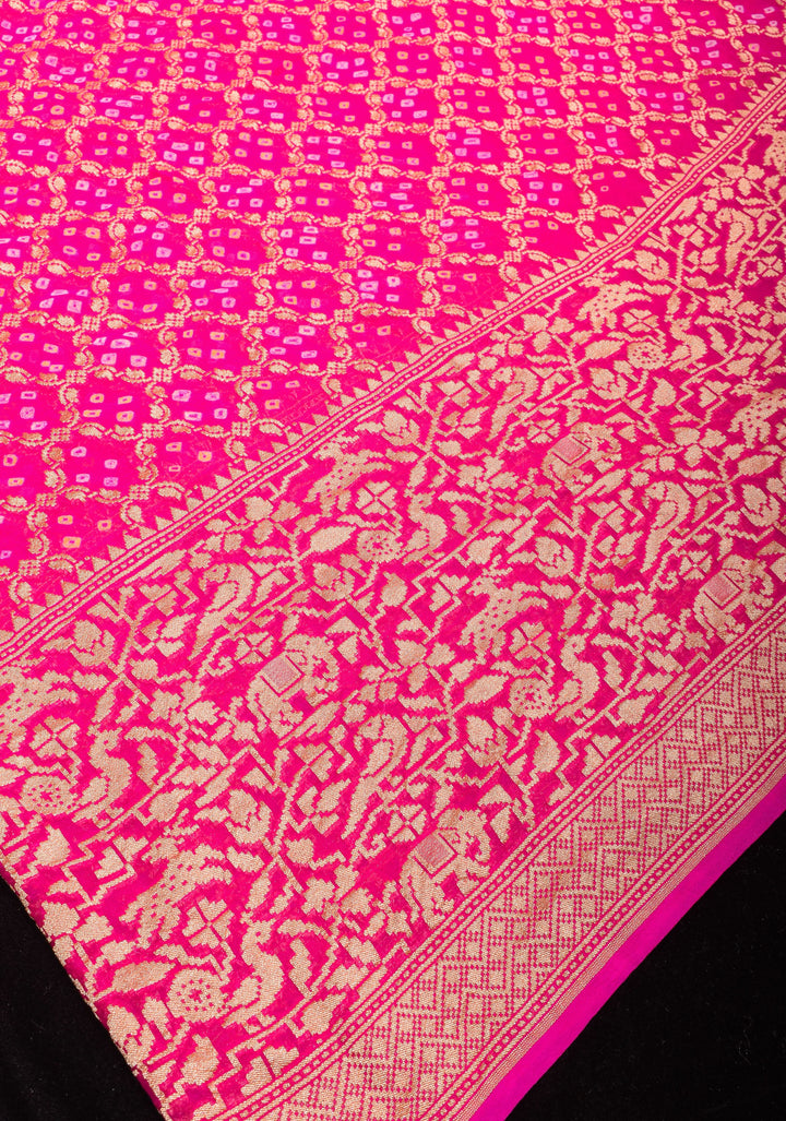 Pink Banarasi Silk Georgette Saree with Authentic Hand Bandhej on Shikaargah skirt border and Jaal Pattern | SILK MARKED CERTIFIED