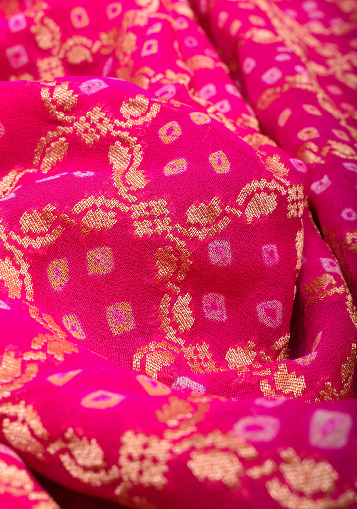 Pink Banarasi Silk Georgette Saree with Authentic Hand Bandhej on Shikaargah skirt border and Jaal Pattern | SILK MARKED CERTIFIED