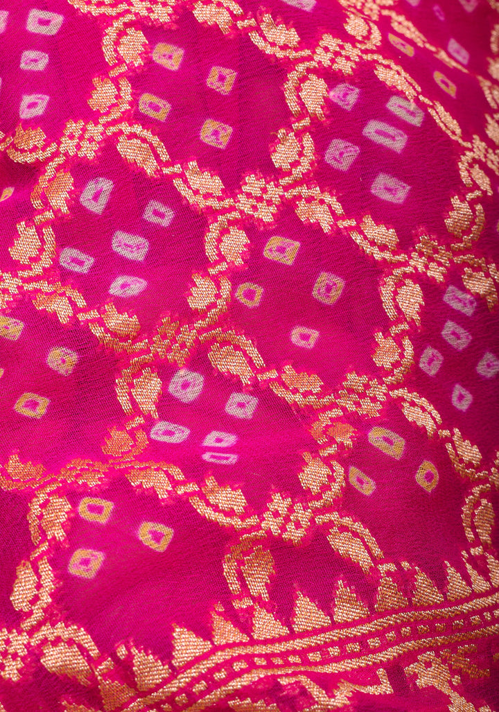 Pink Banarasi Silk Georgette Saree with Authentic Hand Bandhej on Shikaargah skirt border and Jaal Pattern | SILK MARKED CERTIFIED