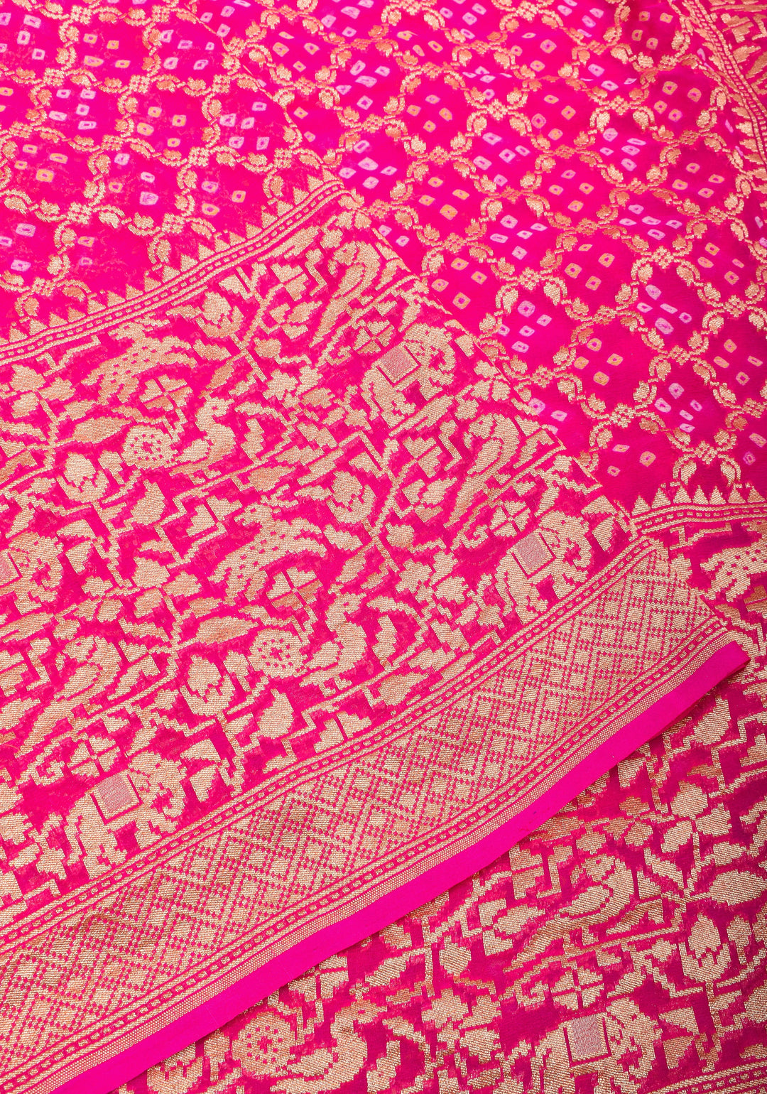 Pink Banarasi Silk Georgette Saree with Authentic Hand Bandhej on Shikaargah skirt border and Jaal Pattern | SILK MARKED CERTIFIED