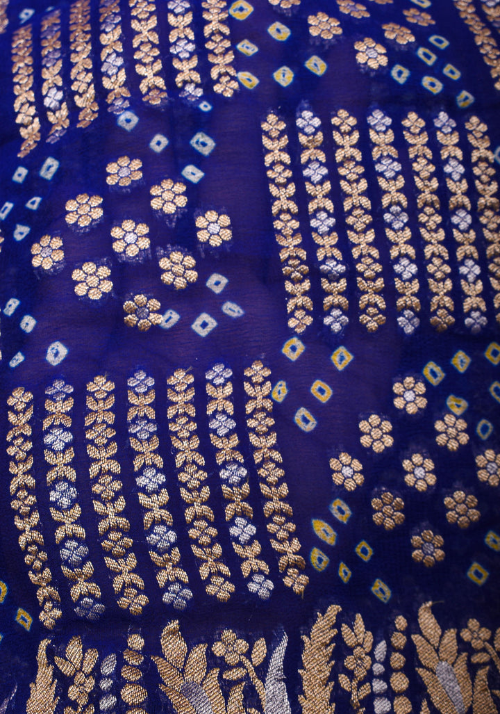 Exquisite Bandhej on Alfi Sona Rupa Zari Geometric Inspired Pattern Georgette Banarasi Saree in Blue | SILK MARK CERTIFIED