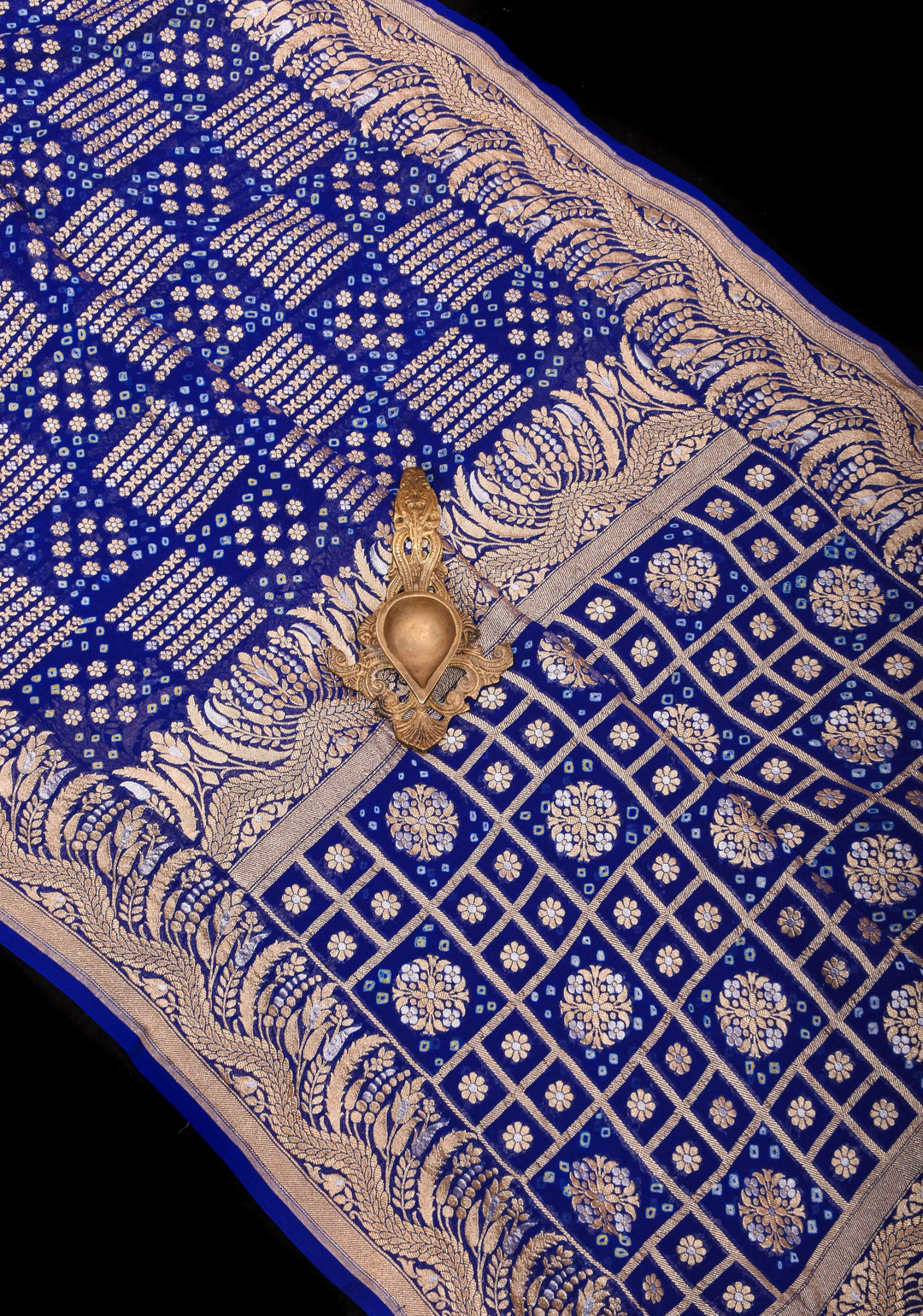 Exquisite Bandhej on Alfi Sona Rupa Zari Geometric Inspired Pattern Georgette Banarasi Saree in Blue | SILK MARK CERTIFIED