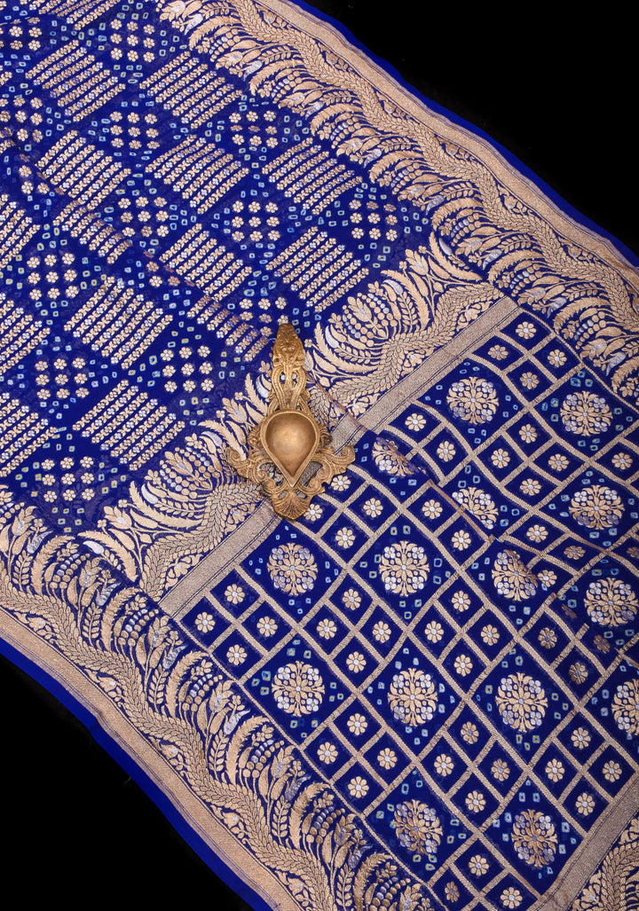 Exquisite Bandhej on Alfi Sona Rupa Zari Geometric Inspired Pattern Georgette Banarasi Saree in Blue | SILK MARK CERTIFIED