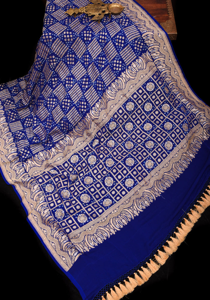 Exquisite Bandhej on Alfi Sona Rupa Zari Geometric Inspired Pattern Georgette Banarasi Saree in Blue | SILK MARK CERTIFIED
