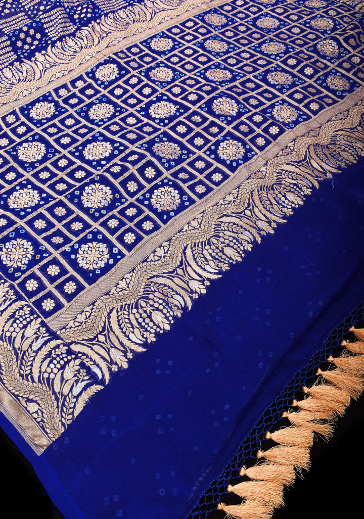 Exquisite Bandhej on Alfi Sona Rupa Zari Geometric Inspired Pattern Georgette Banarasi Saree in Blue | SILK MARK CERTIFIED