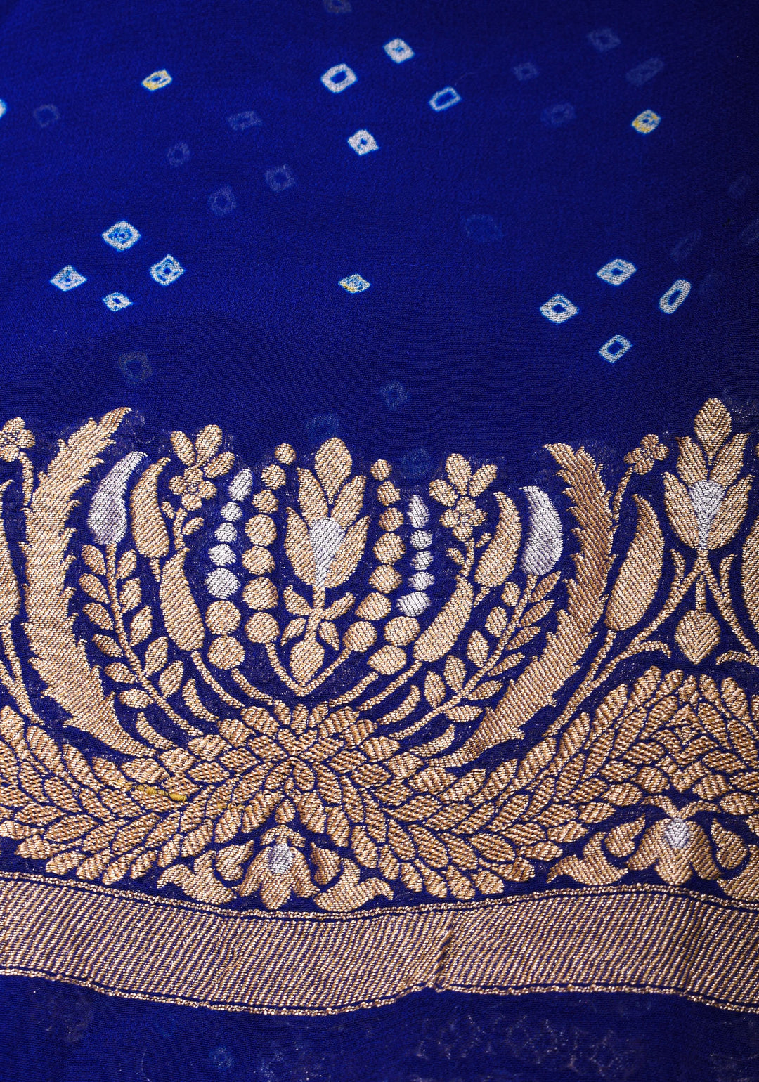Exquisite Bandhej on Alfi Sona Rupa Zari Geometric Inspired Pattern Georgette Banarasi Saree in Blue | SILK MARK CERTIFIED