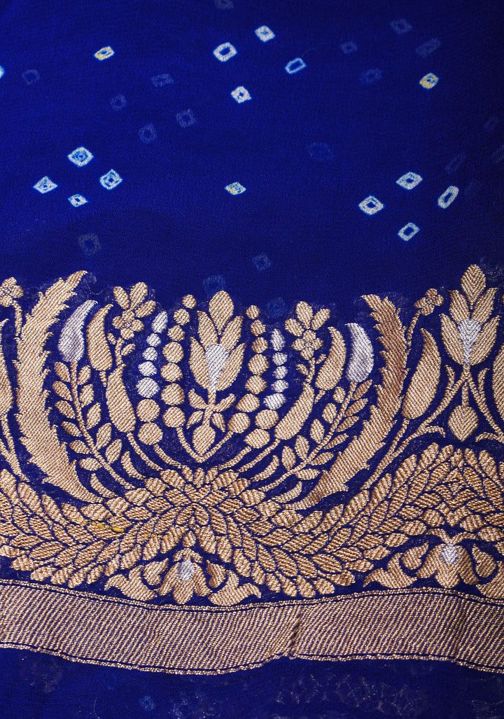 Exquisite Bandhej on Alfi Sona Rupa Zari Geometric Inspired Pattern Georgette Banarasi Saree in Blue | SILK MARK CERTIFIED