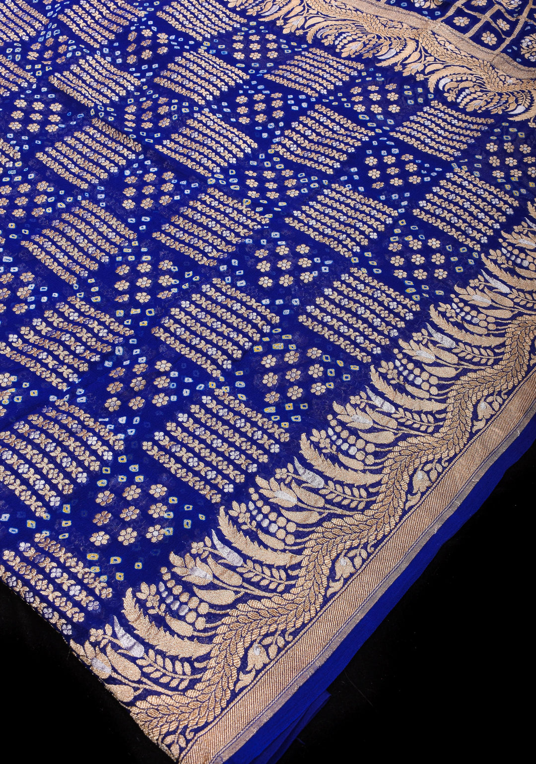 Exquisite Bandhej on Alfi Sona Rupa Zari Geometric Inspired Pattern Georgette Banarasi Saree in Blue | SILK MARK CERTIFIED