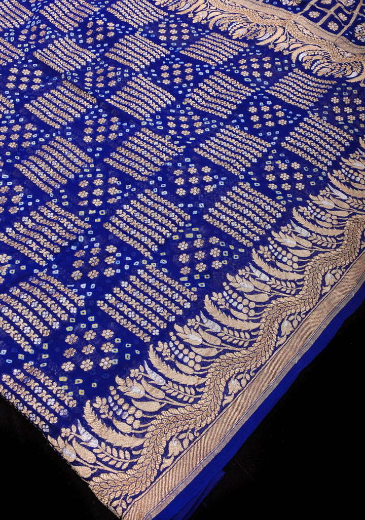 Exquisite Bandhej on Alfi Sona Rupa Zari Geometric Inspired Pattern Georgette Banarasi Saree in Blue | SILK MARK CERTIFIED