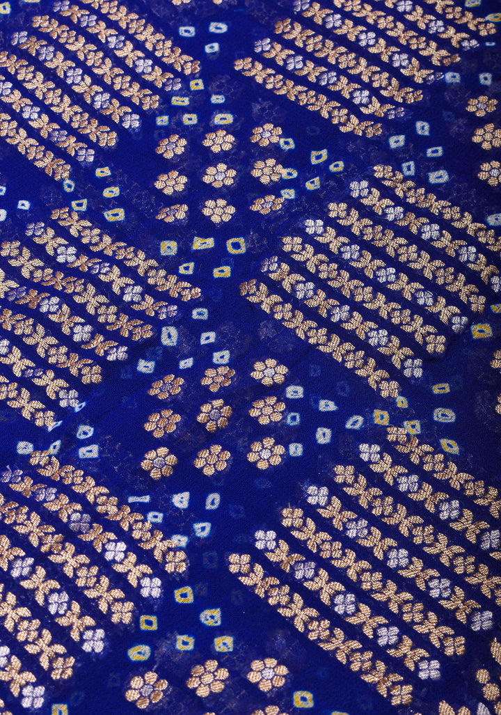 Exquisite Bandhej on Alfi Sona Rupa Zari Geometric Inspired Pattern Georgette Banarasi Saree in Blue | SILK MARK CERTIFIED