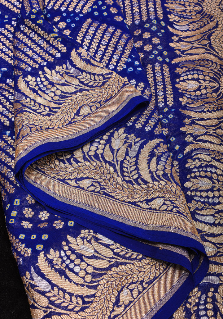 Exquisite Bandhej on Alfi Sona Rupa Zari Geometric Inspired Pattern Georgette Banarasi Saree in Blue | SILK MARK CERTIFIED