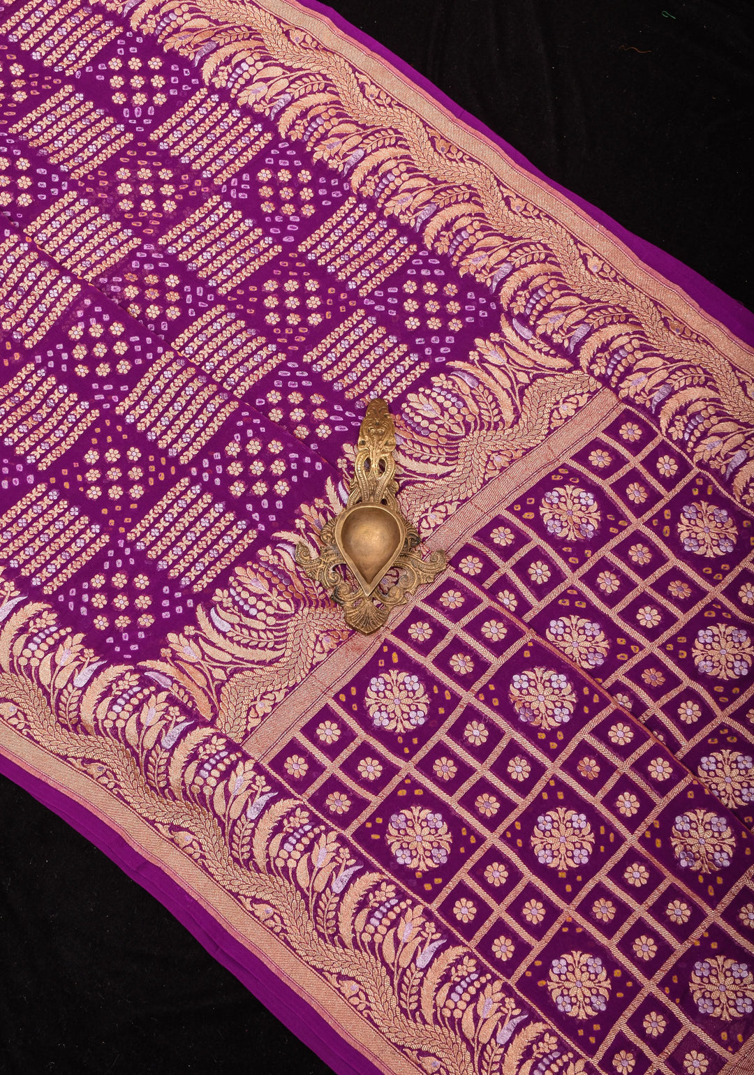 Exquisite Bandhej on Alfi Sona Rupa Zari Geometric Inspired Pattern Georgette Banarasi Saree in Purple | SILK MARK CERTIFIED
