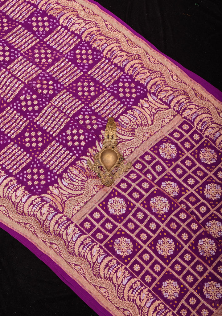Exquisite Bandhej on Alfi Sona Rupa Zari Geometric Inspired Pattern Georgette Banarasi Saree in Purple | SILK MARK CERTIFIED