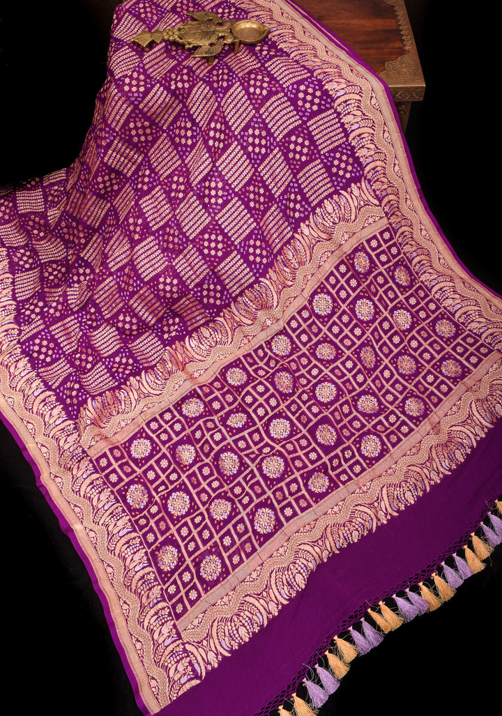 Exquisite Bandhej on Alfi Sona Rupa Zari Geometric Inspired Pattern Georgette Banarasi Saree in Purple | SILK MARK CERTIFIED
