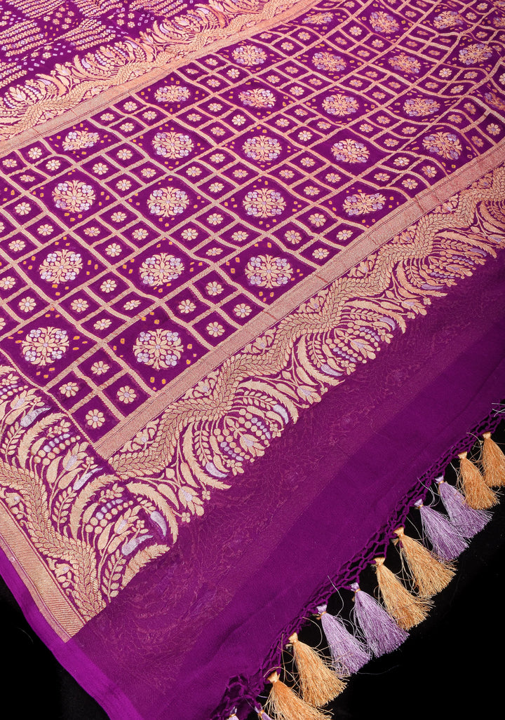 Exquisite Bandhej on Alfi Sona Rupa Zari Geometric Inspired Pattern Georgette Banarasi Saree in Purple | SILK MARK CERTIFIED