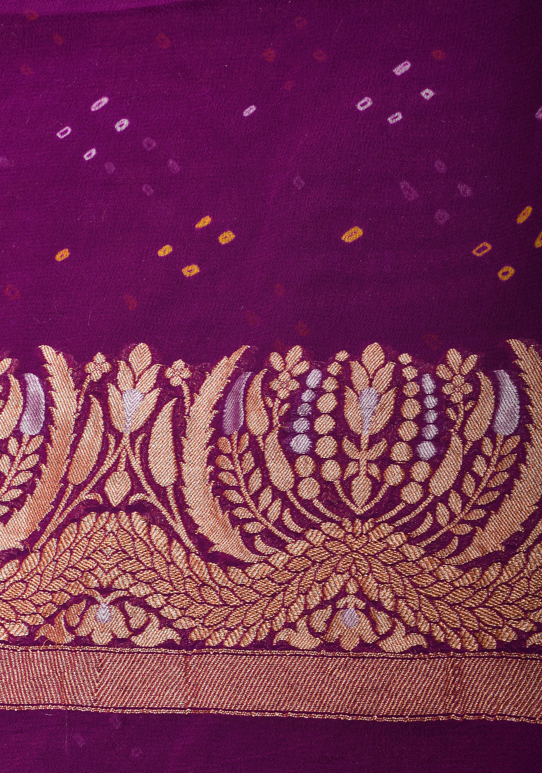 Exquisite Bandhej on Alfi Sona Rupa Zari Geometric Inspired Pattern Georgette Banarasi Saree in Purple | SILK MARK CERTIFIED