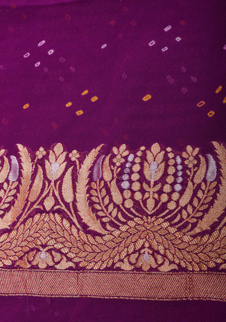 Exquisite Bandhej on Alfi Sona Rupa Zari Geometric Inspired Pattern Georgette Banarasi Saree in Purple | SILK MARK CERTIFIED