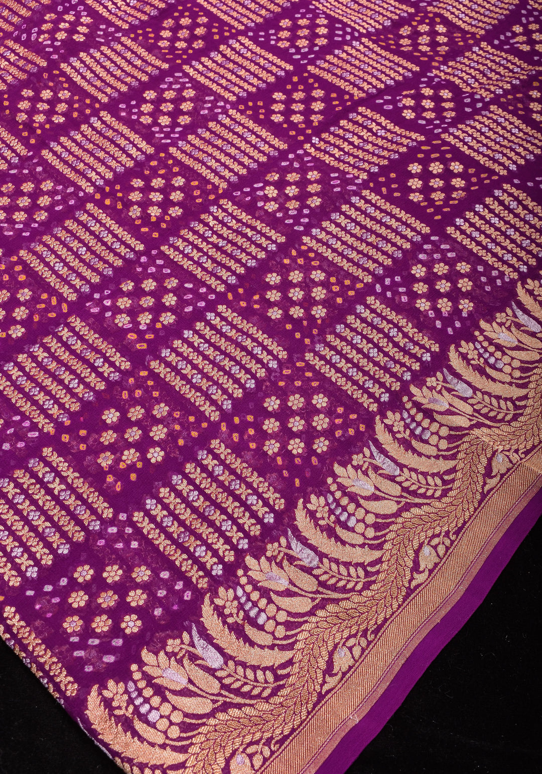 Exquisite Bandhej on Alfi Sona Rupa Zari Geometric Inspired Pattern Georgette Banarasi Saree in Purple | SILK MARK CERTIFIED