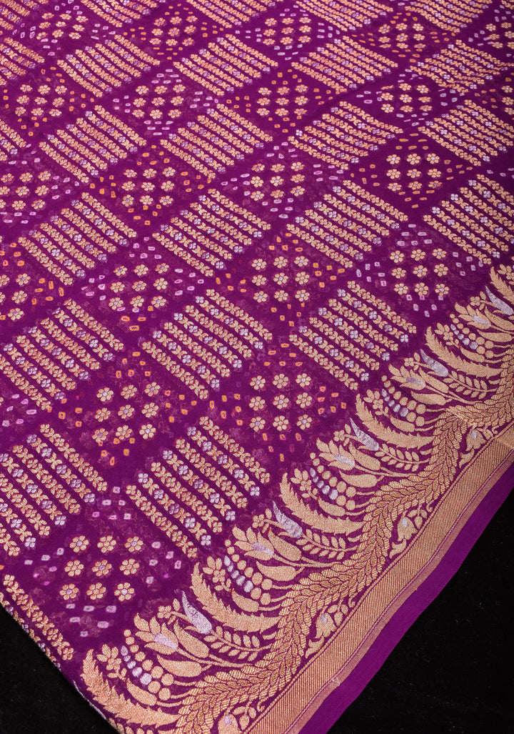Exquisite Bandhej on Alfi Sona Rupa Zari Geometric Inspired Pattern Georgette Banarasi Saree in Purple | SILK MARK CERTIFIED