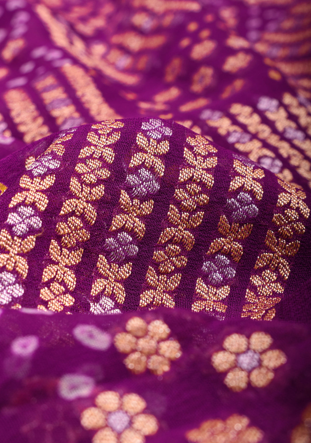 Exquisite Bandhej on Alfi Sona Rupa Zari Geometric Inspired Pattern Georgette Banarasi Saree in Purple | SILK MARK CERTIFIED