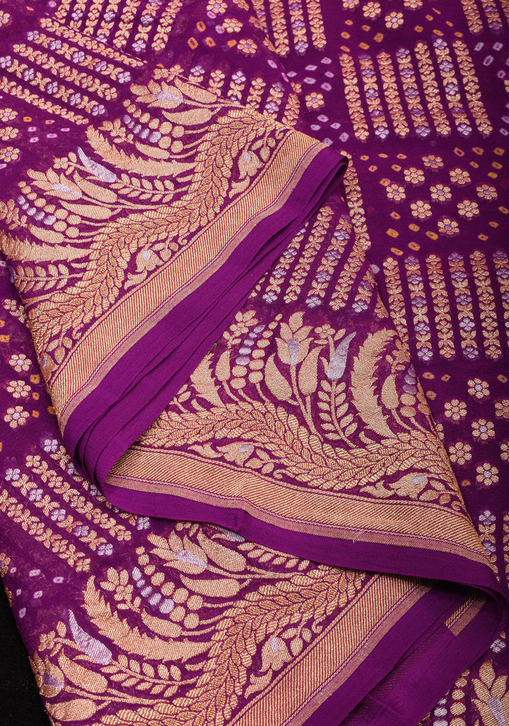 Exquisite Bandhej on Alfi Sona Rupa Zari Geometric Inspired Pattern Georgette Banarasi Saree in Purple | SILK MARK CERTIFIED