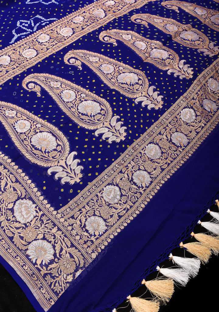 Blue Authentic Sarkam Bandhej Silk Georgette Saree with Alfi Sona Rupa Floral border | SILK MARK CERTIFIED | SHOBITAM