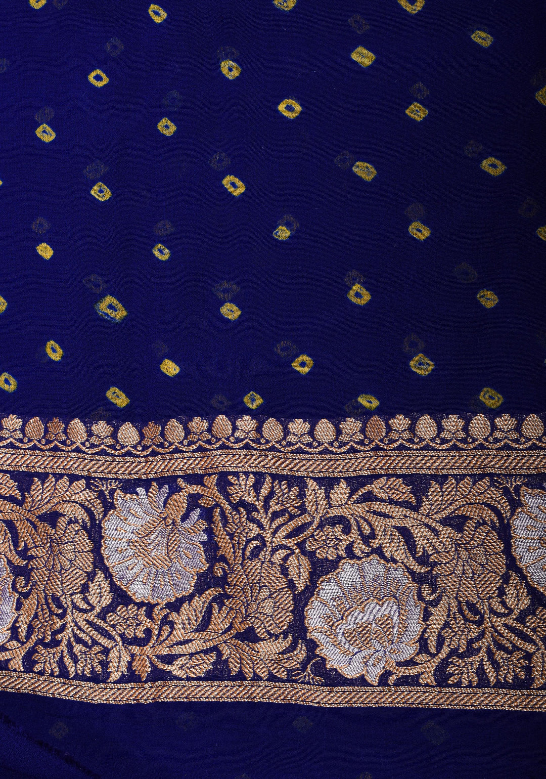 Blue Authentic Sarkam Bandhej Silk Georgette Saree with Alfi Sona Rupa Floral border | SILK MARK CERTIFIED