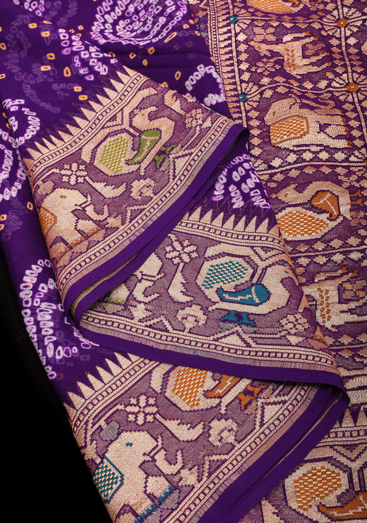 Purple Authentic Sarkam Bandhej Silk Georgette Saree with Shikargah meenakari  border | SILK MARK CERTIFIED