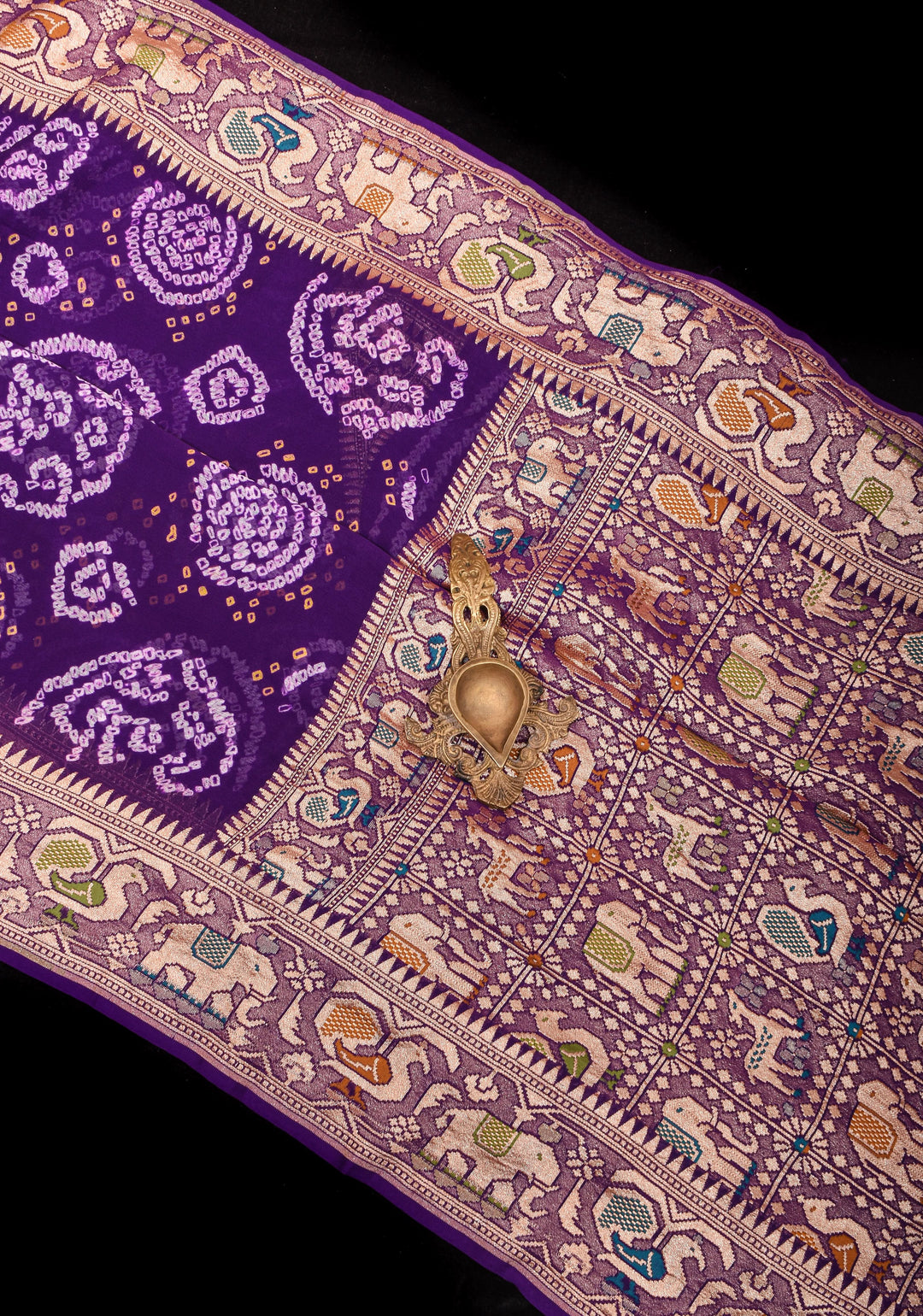 Purple Authentic Sarkam Bandhej Silk Georgette Saree with Shikargah meenakari  border | SILK MARK CERTIFIED
